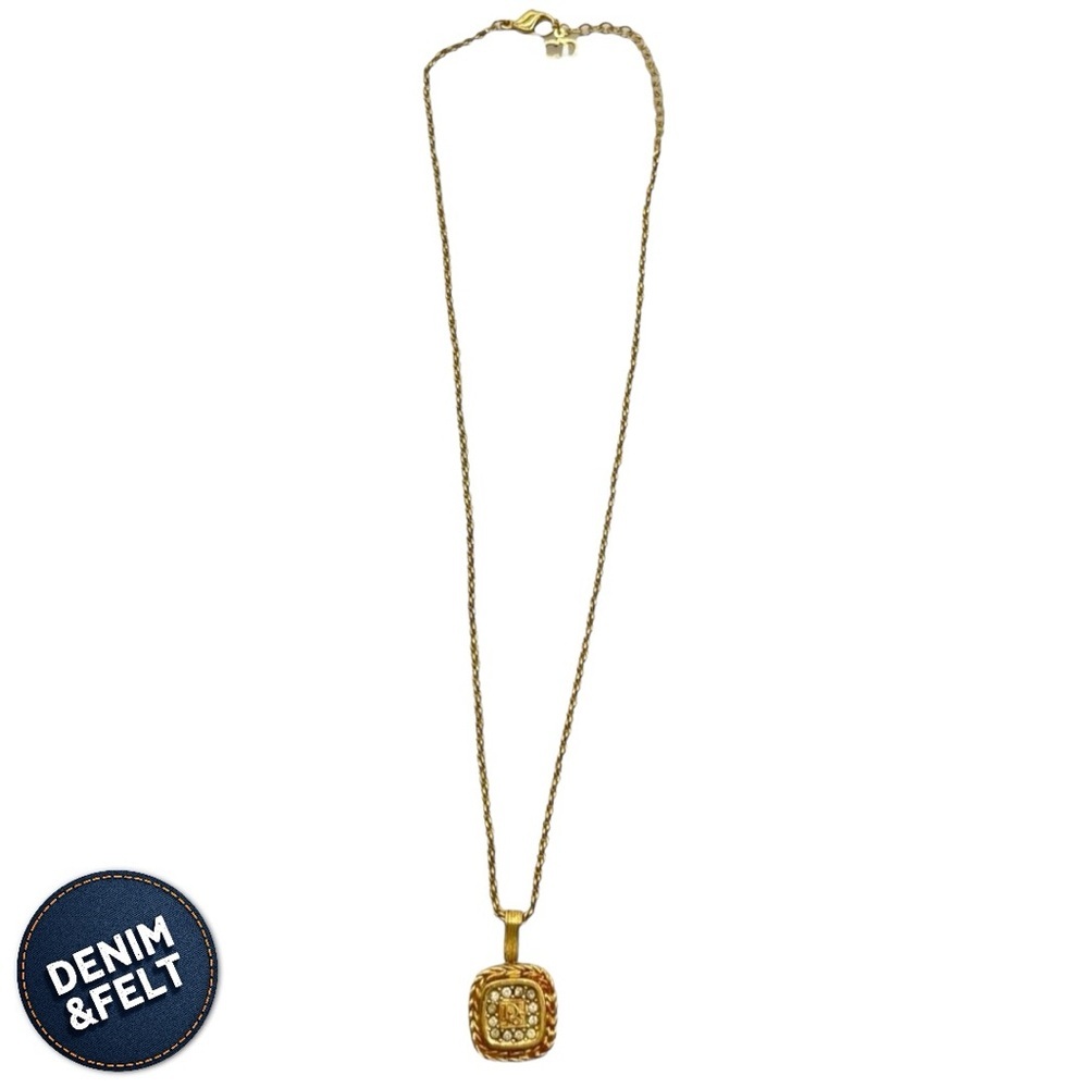 Christian Dior Vintage Logo Plate Rhinestone Gold‎ Plated Pendant Necklace 💛 - Picture 6 of 11